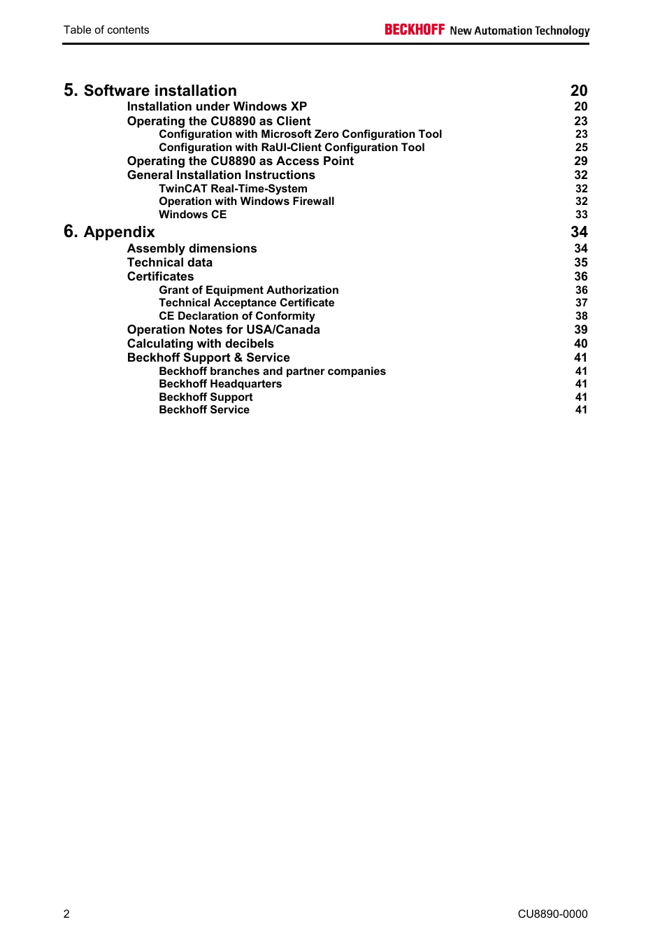 Software installation 20, Appendix 34 | BECKHOFF CU8890-0000 User Manual | Page 4 / 43