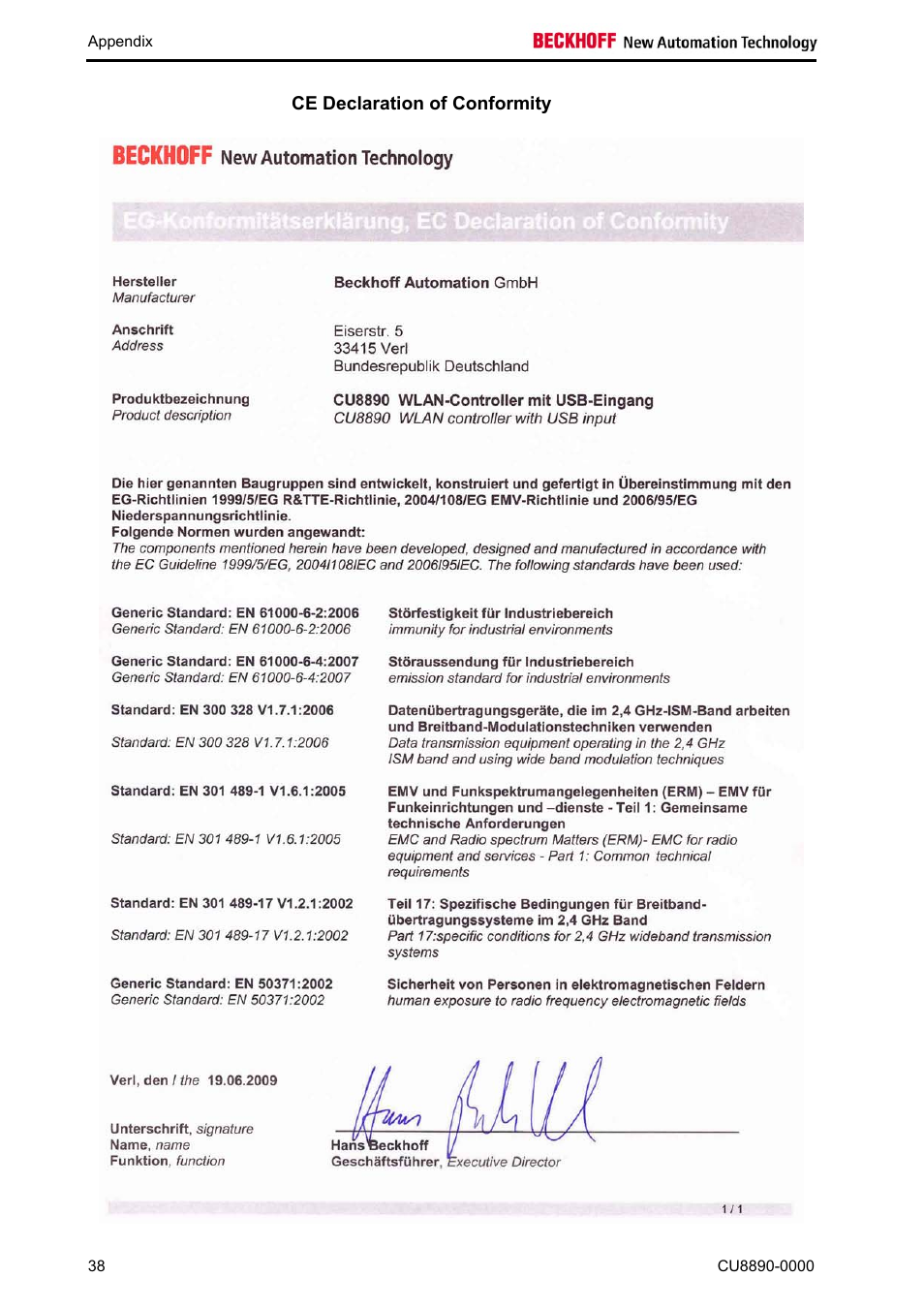 Ce declaration of conformity | BECKHOFF CU8890-0000 User Manual | Page 40 / 43