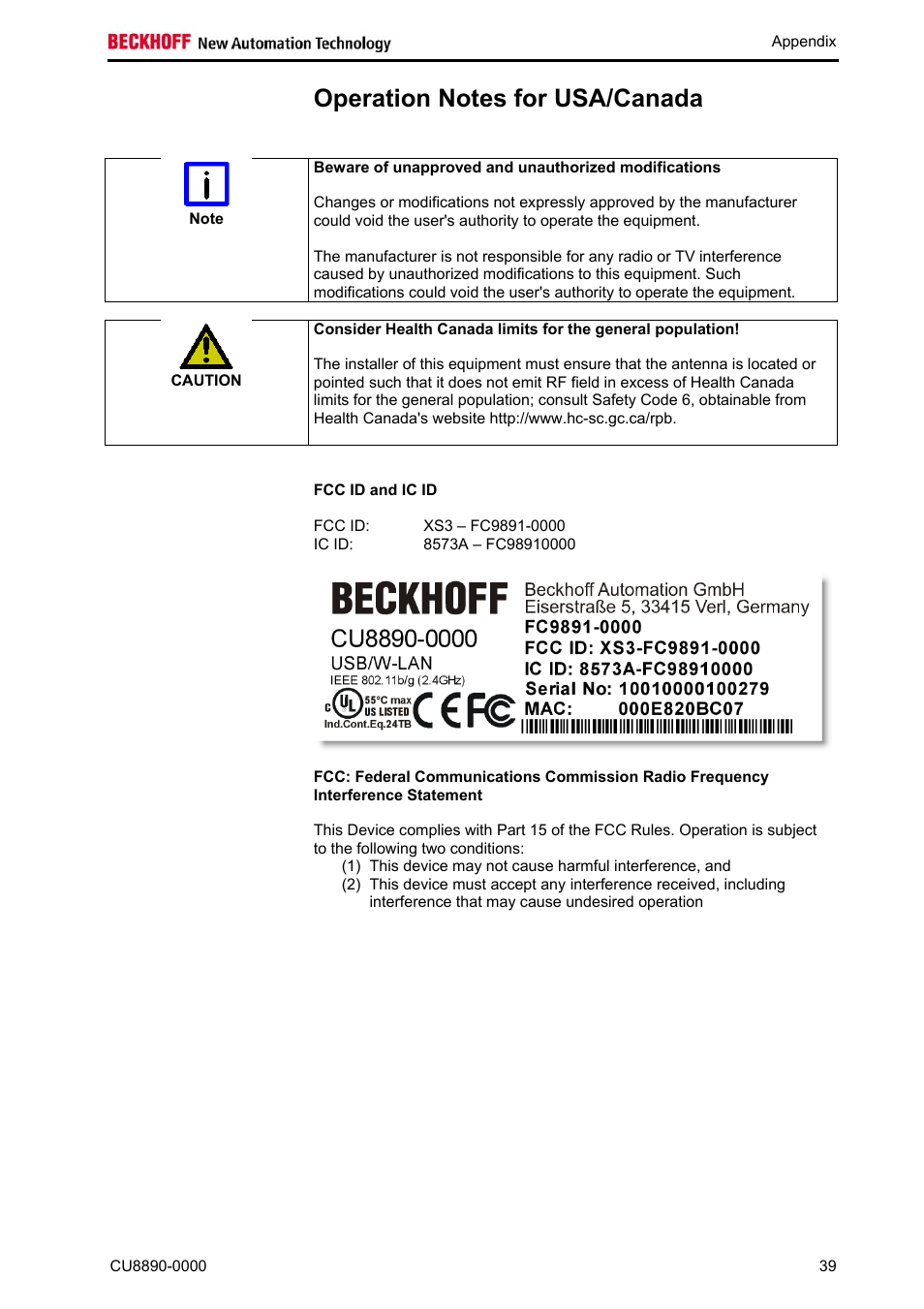 Operation notes for usa/canada, Fcc id and ic id | BECKHOFF CU8890-0000 User Manual | Page 41 / 43