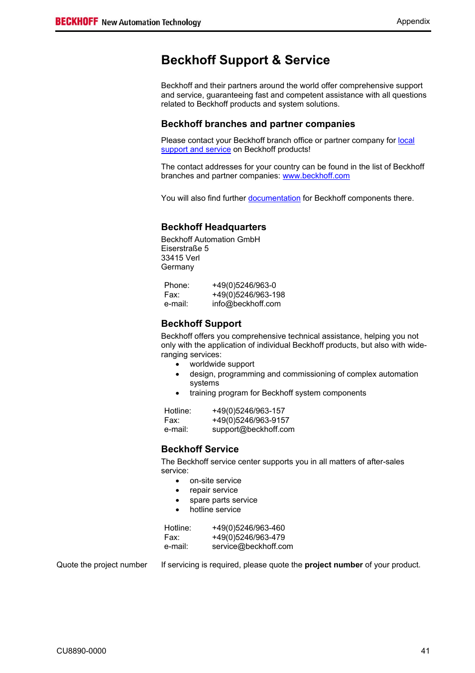 Beckhoff support & service, Beckhoff branches and partner companies, Beckhoff headquarters | Beckhoff support, Beckhoff service | BECKHOFF CU8890-0000 User Manual | Page 43 / 43