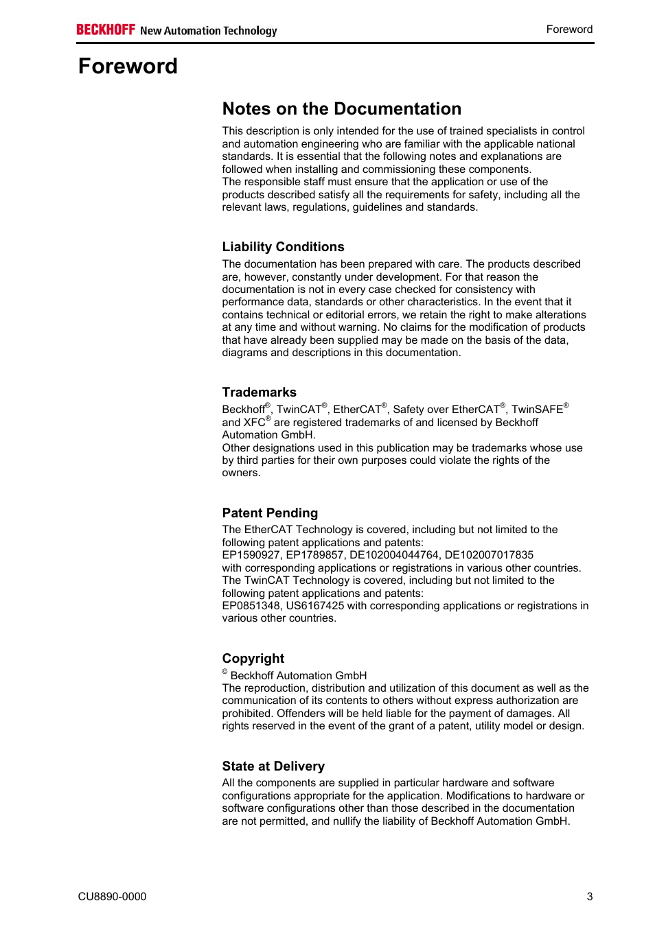 Foreword, Notes on the documentation, Liability conditions | Trademarks, Patent pending, Copyright, State at delivery, Foreword 3, Trademarks 3 | BECKHOFF CU8890-0000 User Manual | Page 5 / 43