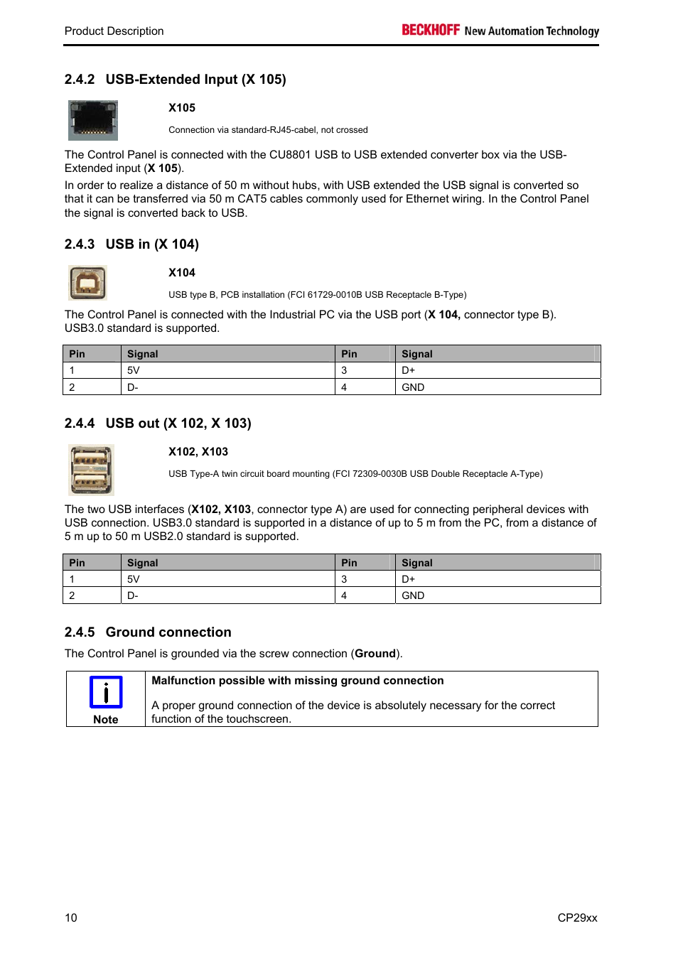 Usb-extended input (x 105), X105, Usb in (x 104) | X104, Usb out (x 102, x 103), X102, x103, Ground connection, 2 usb-extended input (x 105), 3 usb in (x 104), 5 ground connection | BECKHOFF CP29xx User Manual | Page 12 / 33