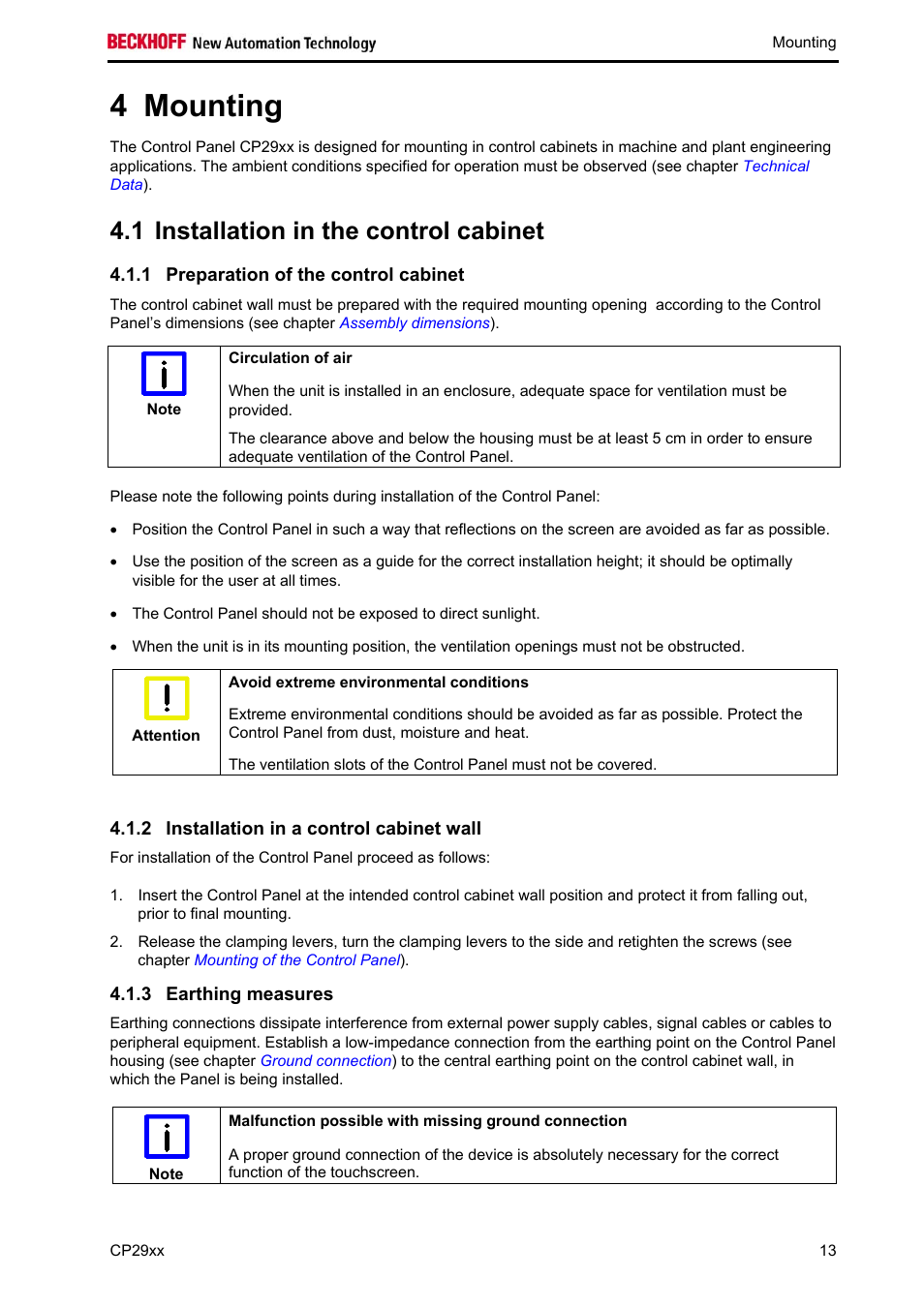 Mounting, Installation in the control cabinet, Preparation of the control cabinet | Installation in a control cabinet wall, Earthing measures, Mounting 13, 4 mounting, 1 installation in the control cabinet | BECKHOFF CP29xx User Manual | Page 15 / 33