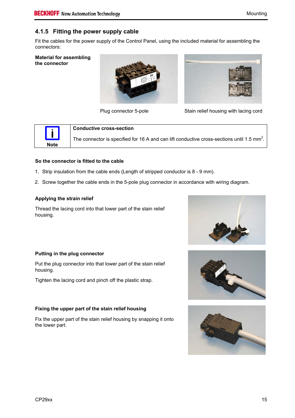 Fitting the power supply cable, So the connector is fitted to the cable, Applying the strain relief | Putting in the plug connector, Fixing the upper part of the stain relief housing, 5 fitting the power supply cable | BECKHOFF CP29xx User Manual | Page 17 / 33