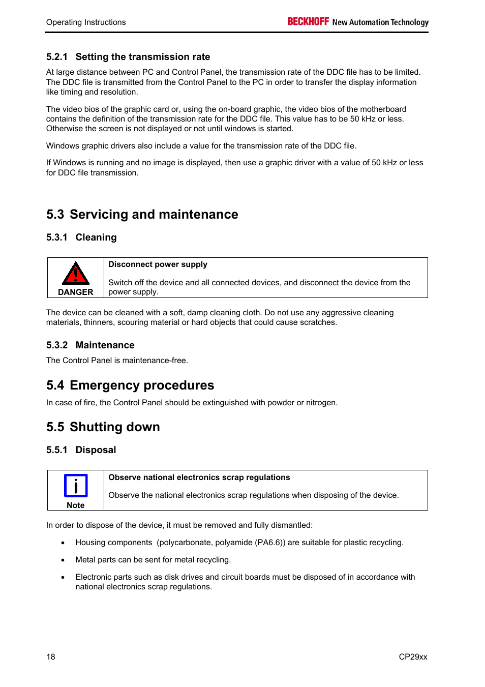 Setting the transmission rate, Servicing and maintenance, Cleaning | Maintenance, Emergency procedures, Shutting down, Disposal, Maintenance 18, 3 servicing and maintenance, 4 emergency procedures | BECKHOFF CP29xx User Manual | Page 20 / 33