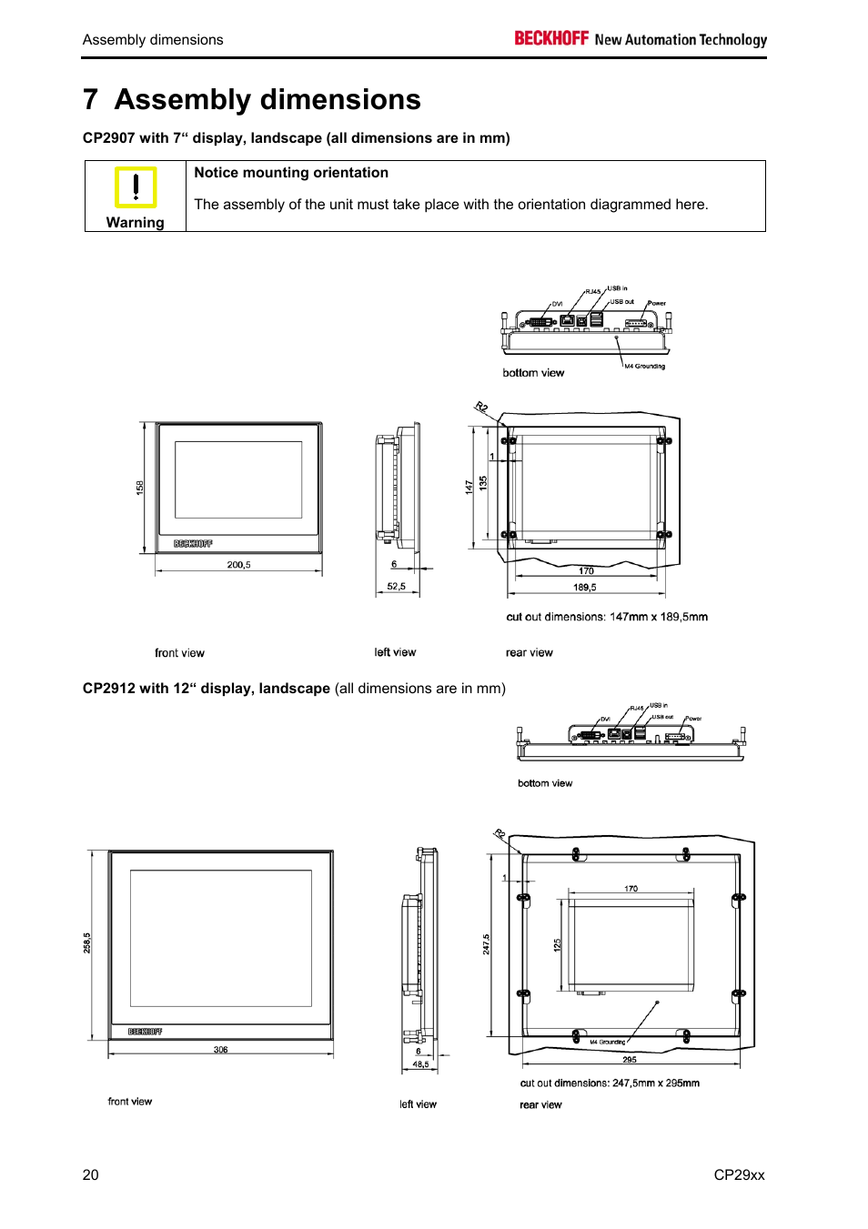 Assembly dimensions, 7 assembly dimensions | BECKHOFF CP29xx User Manual | Page 22 / 33