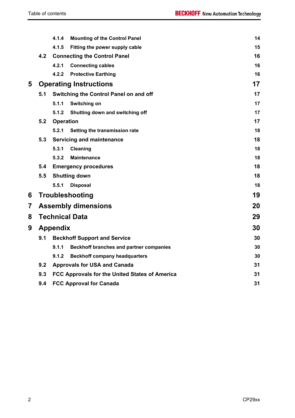 Operating instructions 17, Troubleshooting 19, Assembly dimensions 20 | Technical data 29, Appendix 30 | BECKHOFF CP29xx User Manual | Page 4 / 33