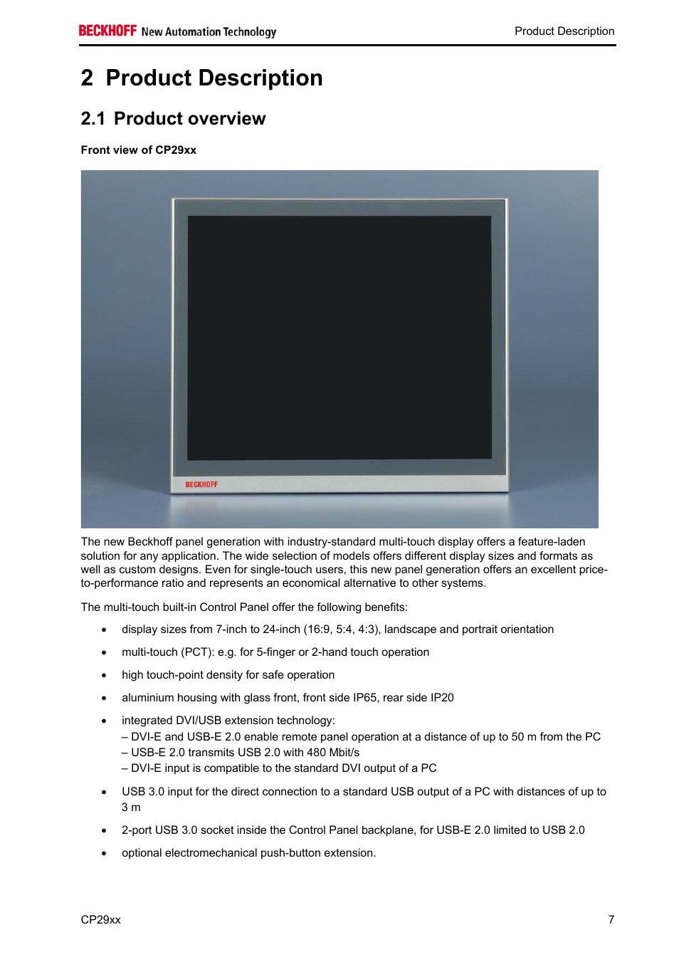 Product description, Product overview, Front view of cp29xx | 2 product description, 1 product overview | BECKHOFF CP29xx User Manual | Page 9 / 33