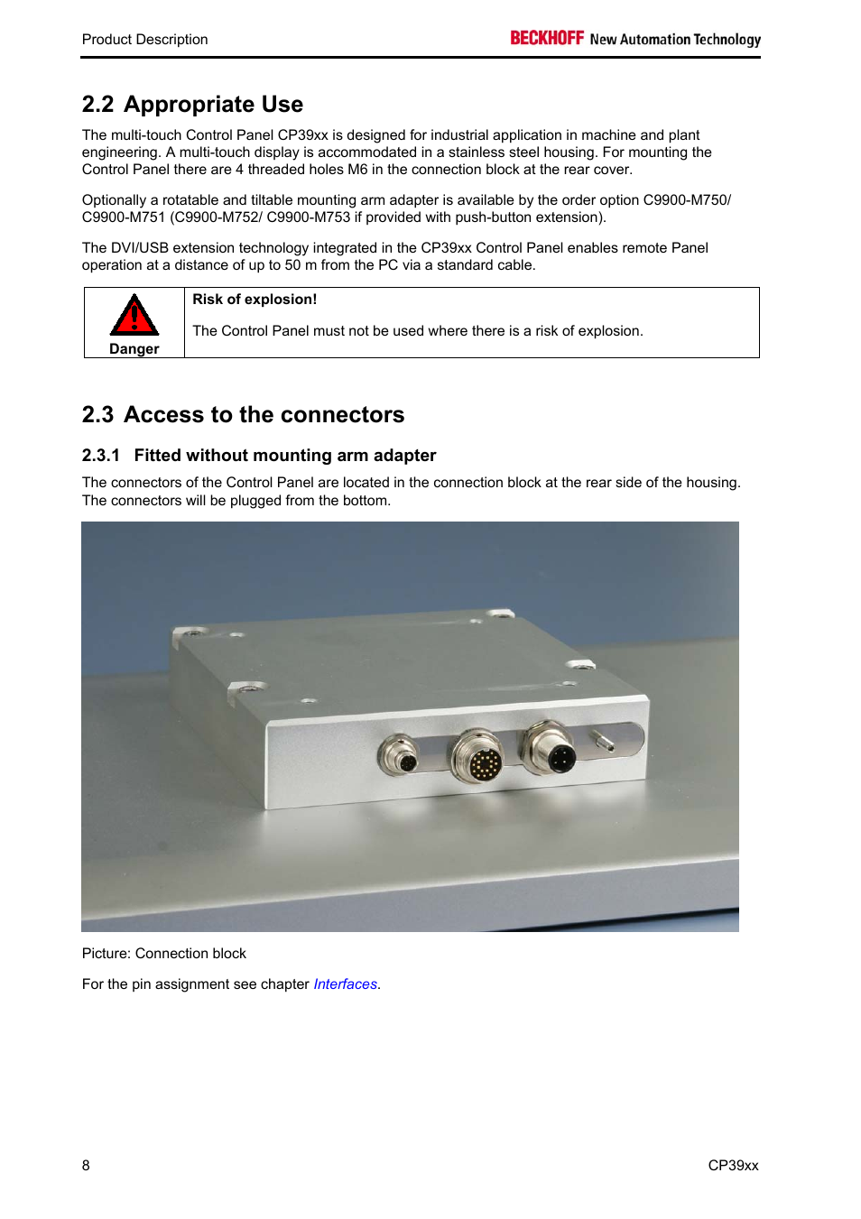 Appropriate use, Access to the connectors, Fitted without mounting arm adapter | 2 appropriate use, 3 access to the connectors | BECKHOFF CP39xx User Manual | Page 10 / 27