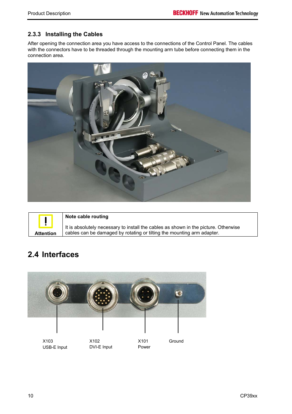 Installing the cables, Interfaces, Interfaces 10 | 4 interfaces | BECKHOFF CP39xx User Manual | Page 12 / 27