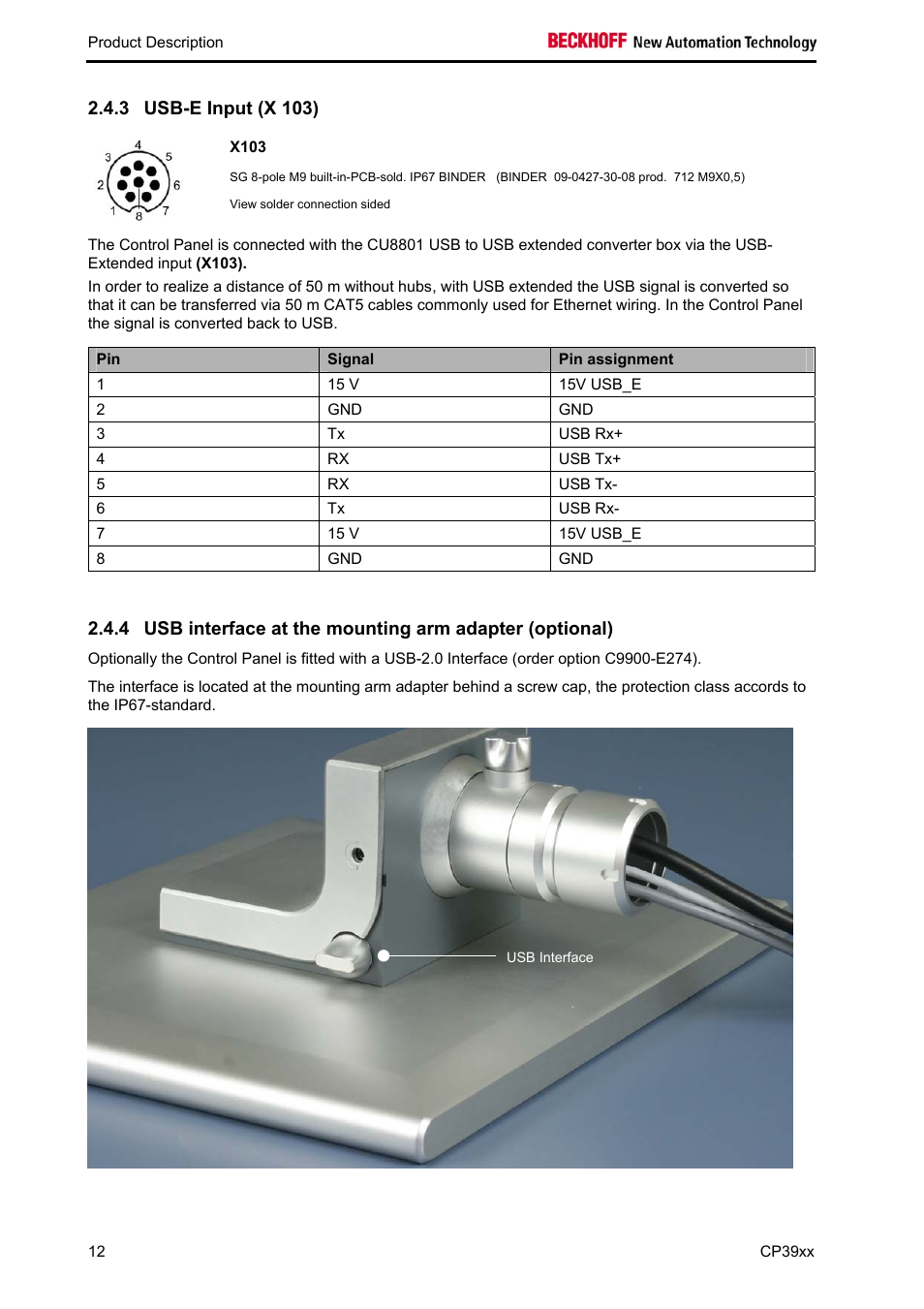 Usb-e input (x 103), X103 | BECKHOFF CP39xx User Manual | Page 14 / 27