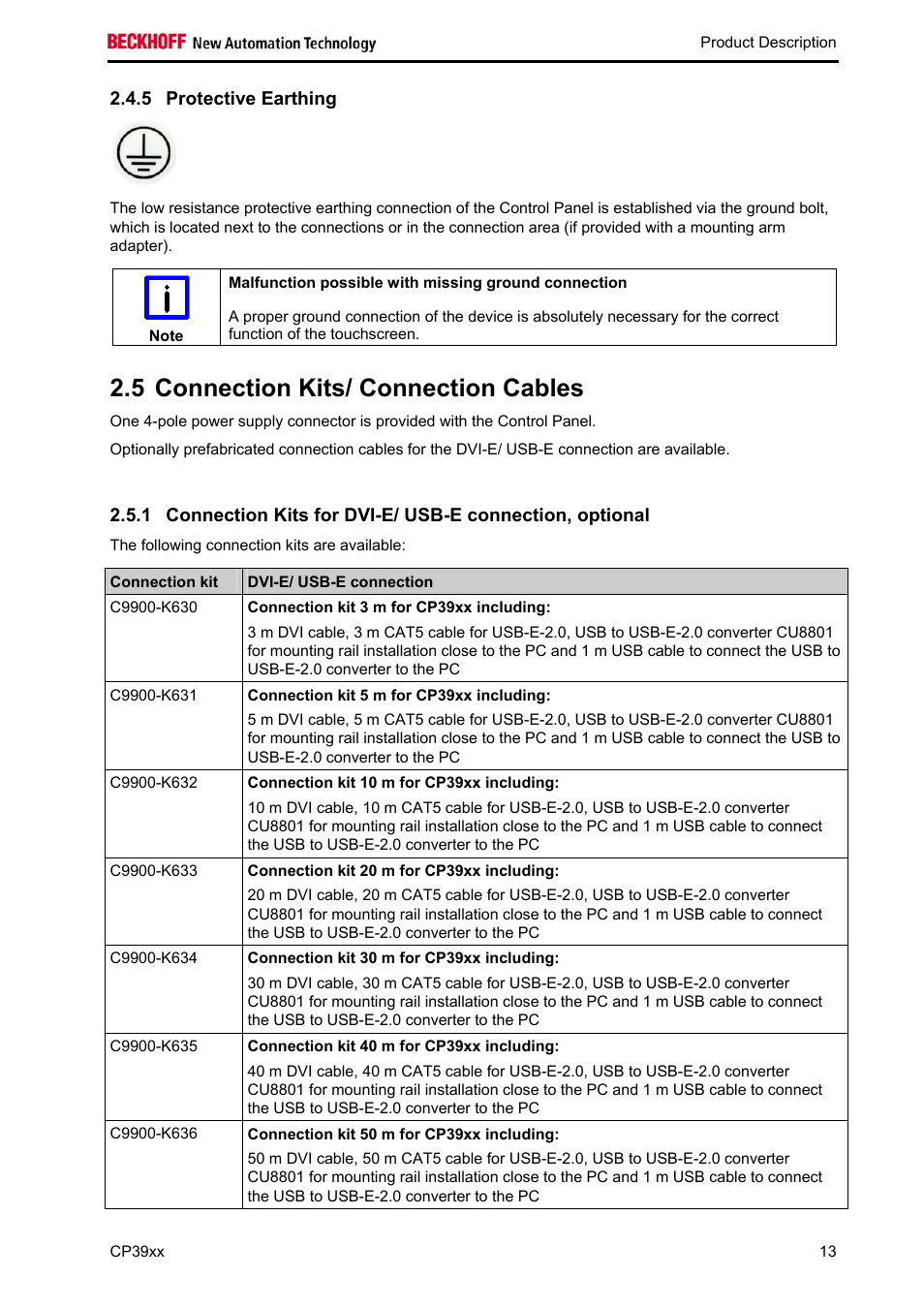 Protective earthing, Connection kits/ connection cables, 5 connection kits/ connection cables | BECKHOFF CP39xx User Manual | Page 15 / 27