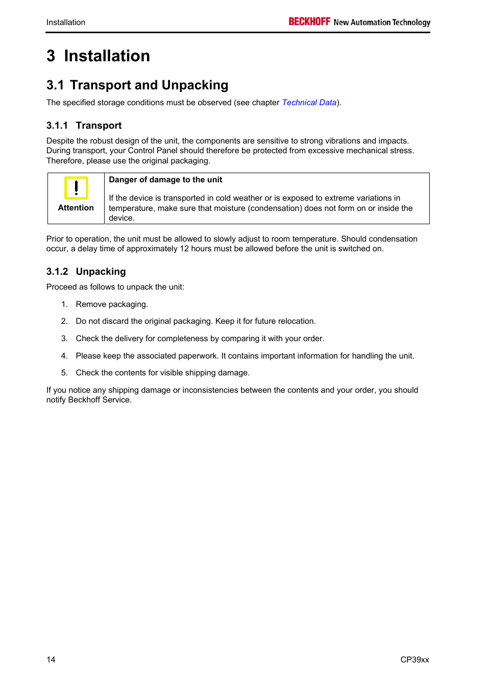 Installation, Transport and unpacking, Transport | Unpacking, Installation 14, Unpacking 14, 3 installation, 1 transport and unpacking | BECKHOFF CP39xx User Manual | Page 16 / 27