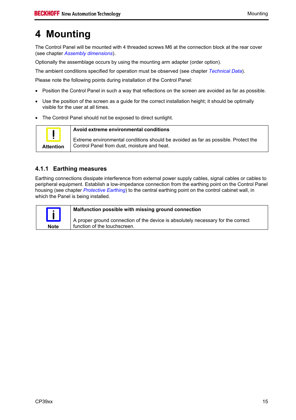 Mounting, Earthing measures, Mounting 15 | 4 mounting | BECKHOFF CP39xx User Manual | Page 17 / 27