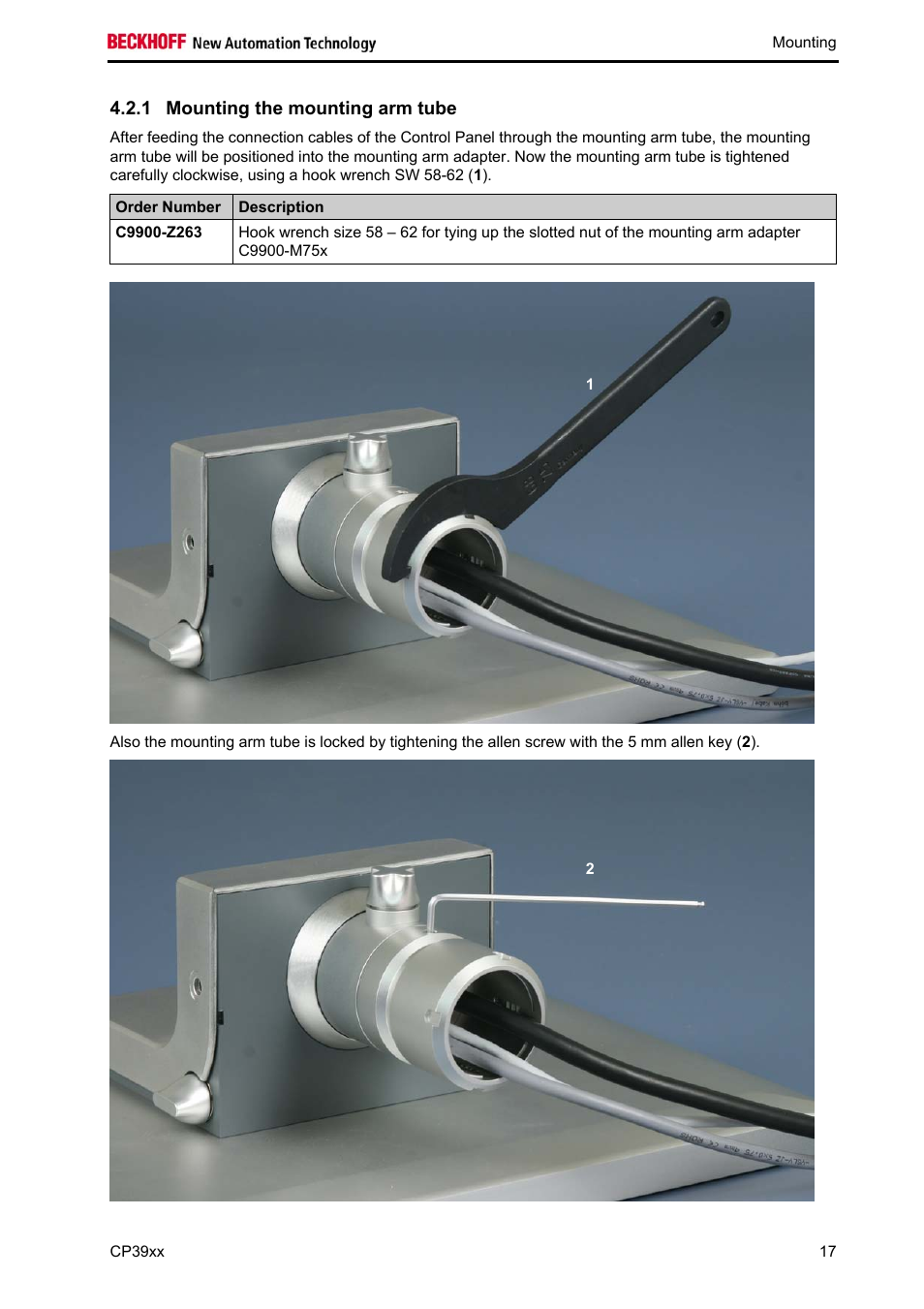 Mounting the mounting arm tube, 1 mounting the mounting arm tube | BECKHOFF CP39xx User Manual | Page 19 / 27