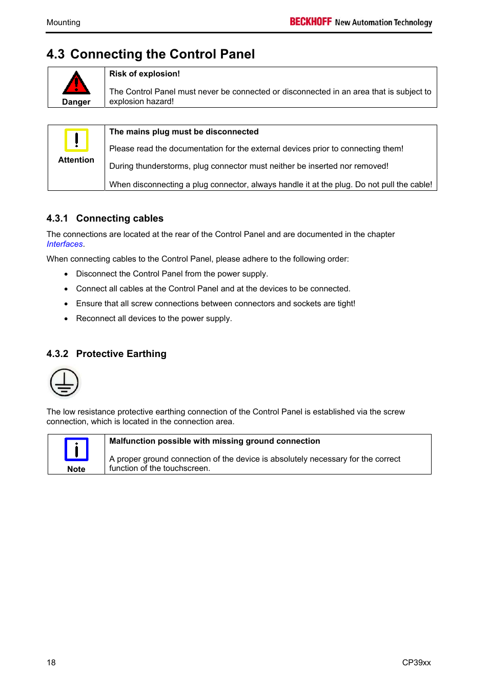 Connecting the control panel, Connecting cables, Protective earthing | 3 connecting the control panel | BECKHOFF CP39xx User Manual | Page 20 / 27