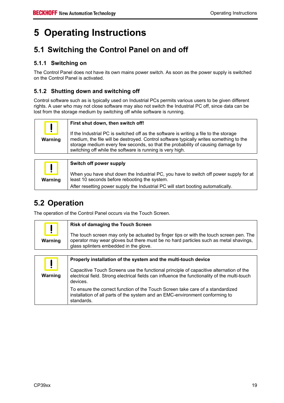 Operating instructions, Switching the control panel on and off, Switching on | Shutting down and switching off, Operation, Operation 19, 5 operating instructions, 1 switching the control panel on and off, 2 operation | BECKHOFF CP39xx User Manual | Page 21 / 27