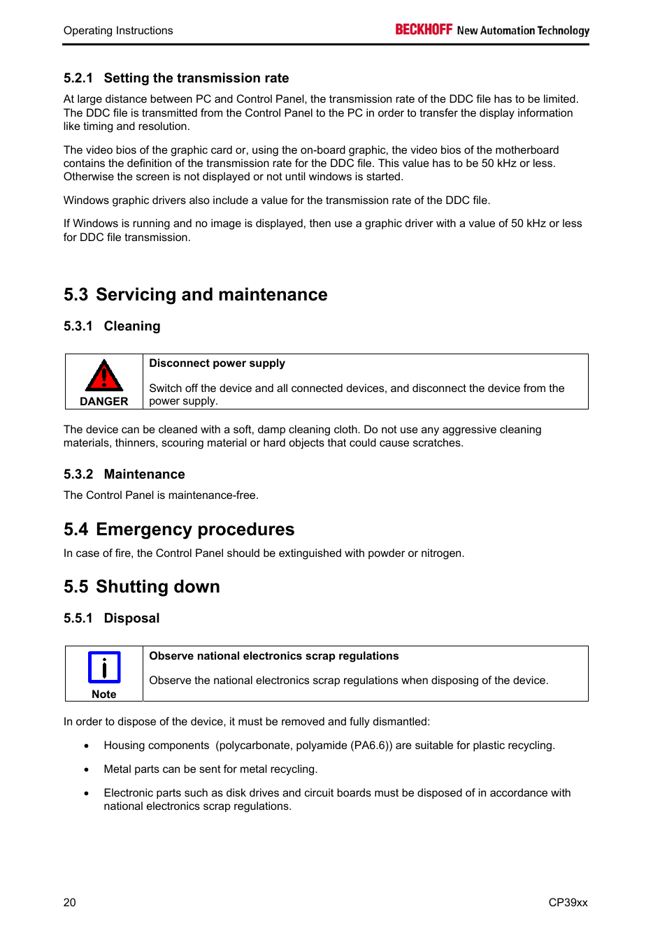 Setting the transmission rate, Servicing and maintenance, Cleaning | Maintenance, Emergency procedures, Shutting down, Disposal, Maintenance 20, 3 servicing and maintenance, 4 emergency procedures | BECKHOFF CP39xx User Manual | Page 22 / 27