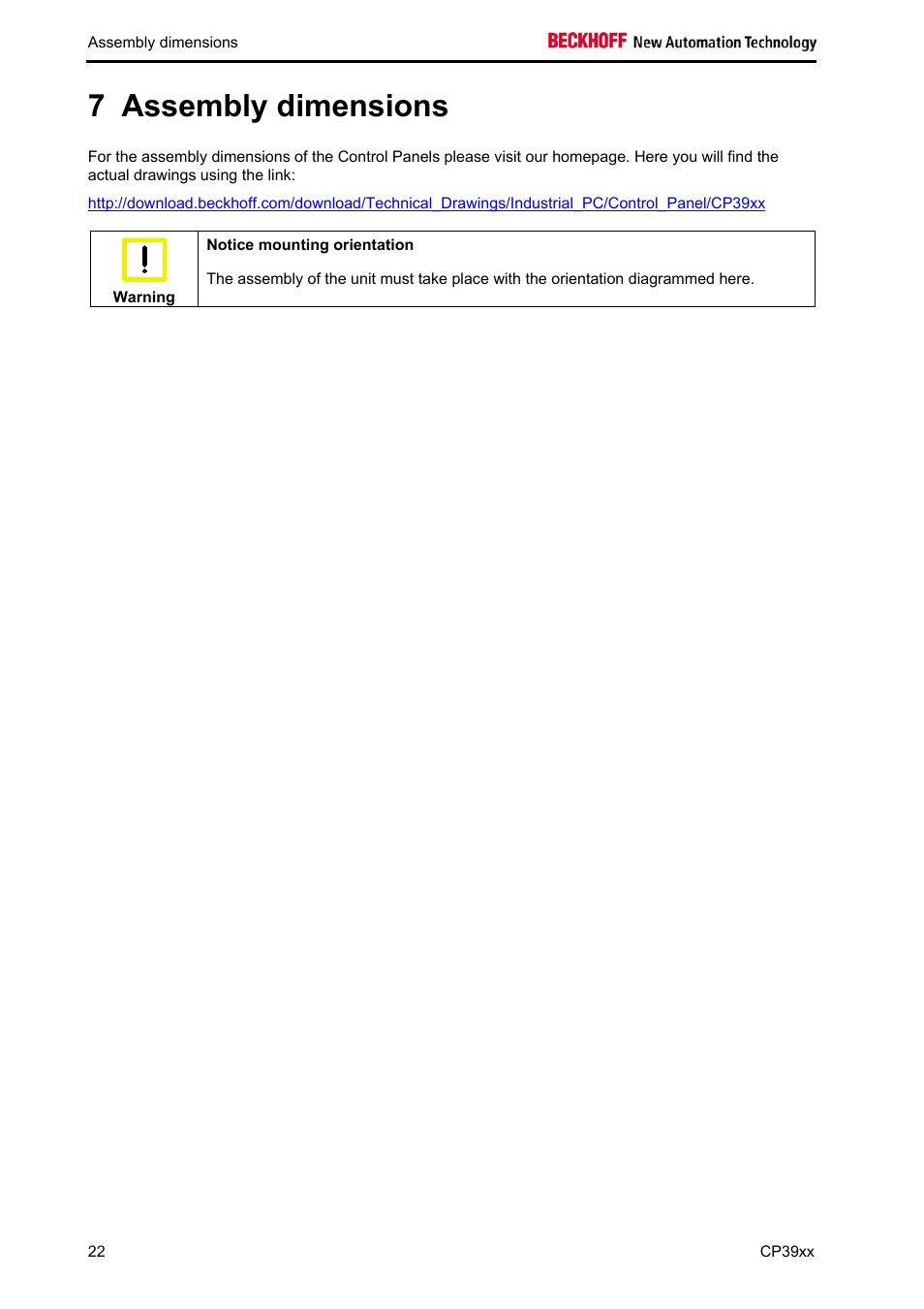 Assembly dimensions, 7 assembly dimensions | BECKHOFF CP39xx User Manual | Page 24 / 27