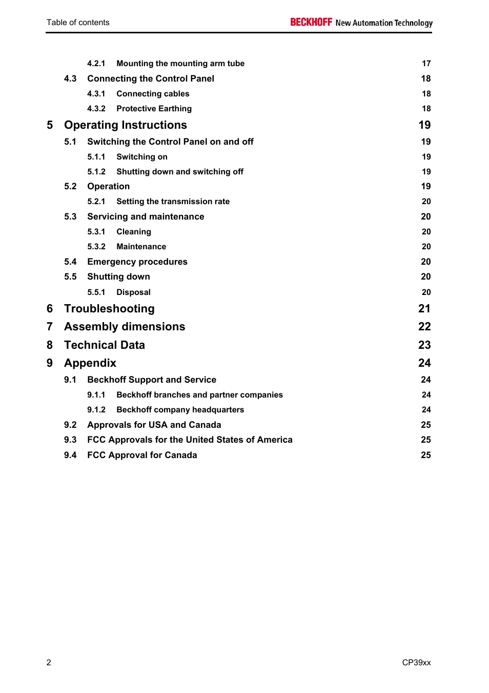 Operating instructions 19, Troubleshooting 21, Assembly dimensions 22 | Technical data 23, Appendix 24 | BECKHOFF CP39xx User Manual | Page 4 / 27