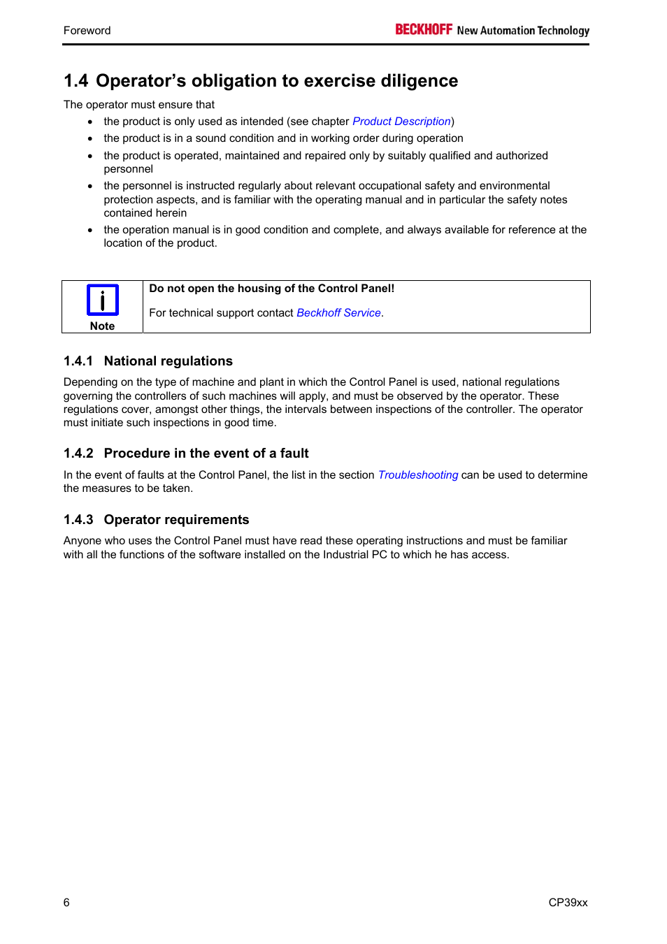 Operator’s obligation to exercise diligence, National regulations, Procedure in the event of a fault | Operator requirements, 4 operator’s obligation to exercise diligence | BECKHOFF CP39xx User Manual | Page 8 / 27