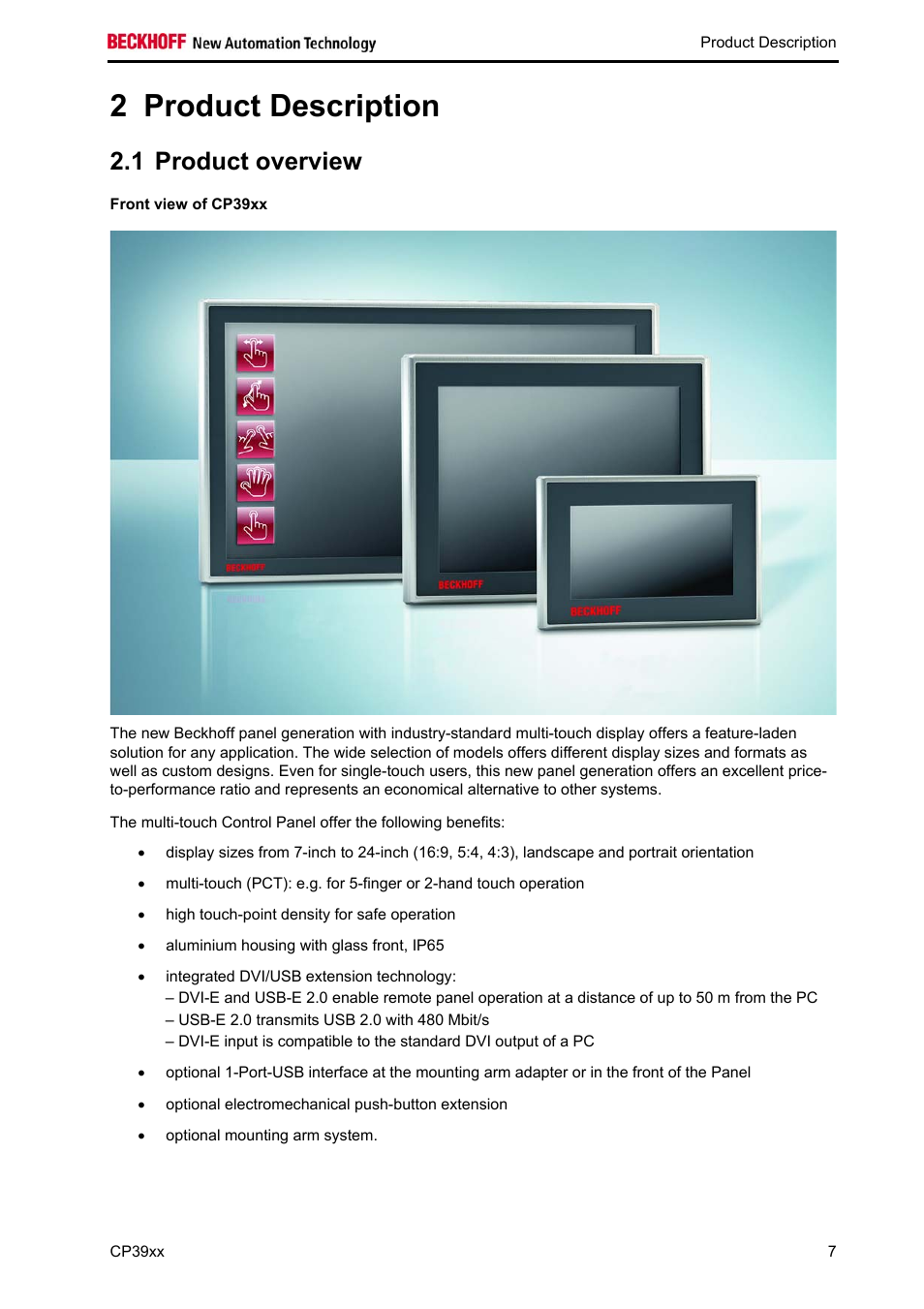 Product description, Product overview, Front view of cp39xx | 2 product description, 1 product overview | BECKHOFF CP39xx User Manual | Page 9 / 27