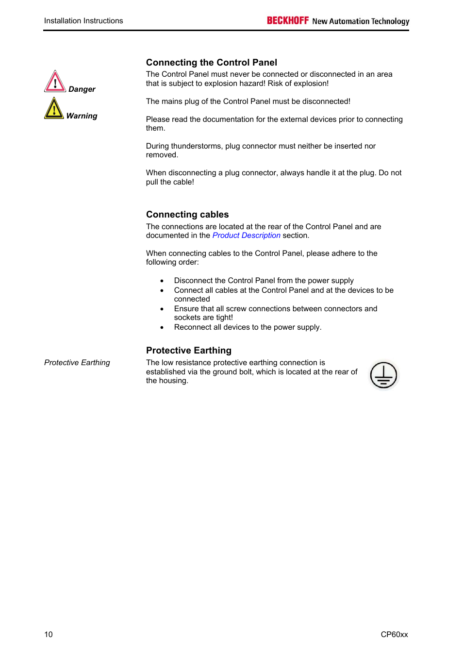 Connecting the control panel, Connecting cables, Protective earthing | BECKHOFF CP60xx User Manual | Page 12 / 19