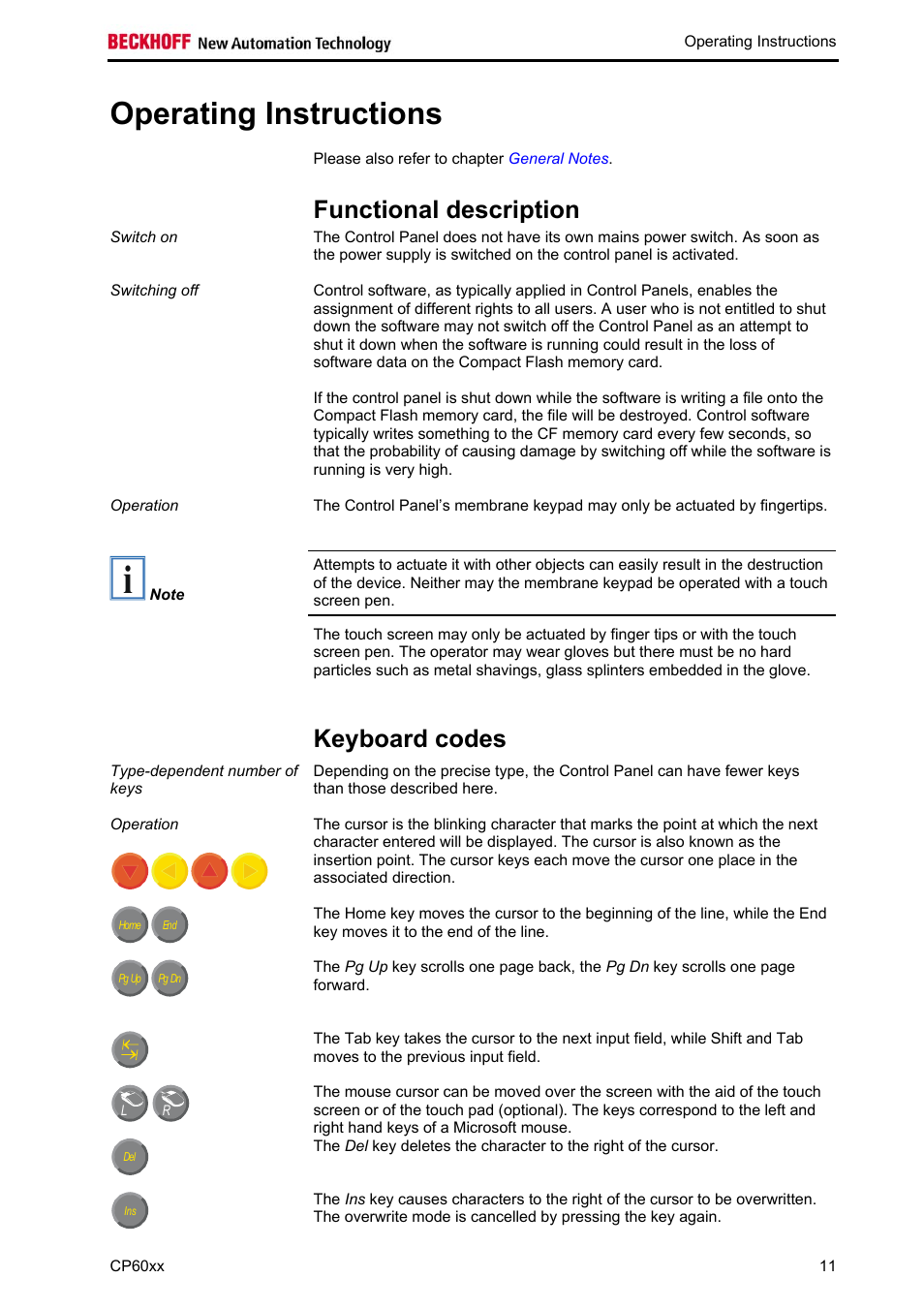 Operating instructions, Functional description, Keyboard codes | BECKHOFF CP60xx User Manual | Page 13 / 19