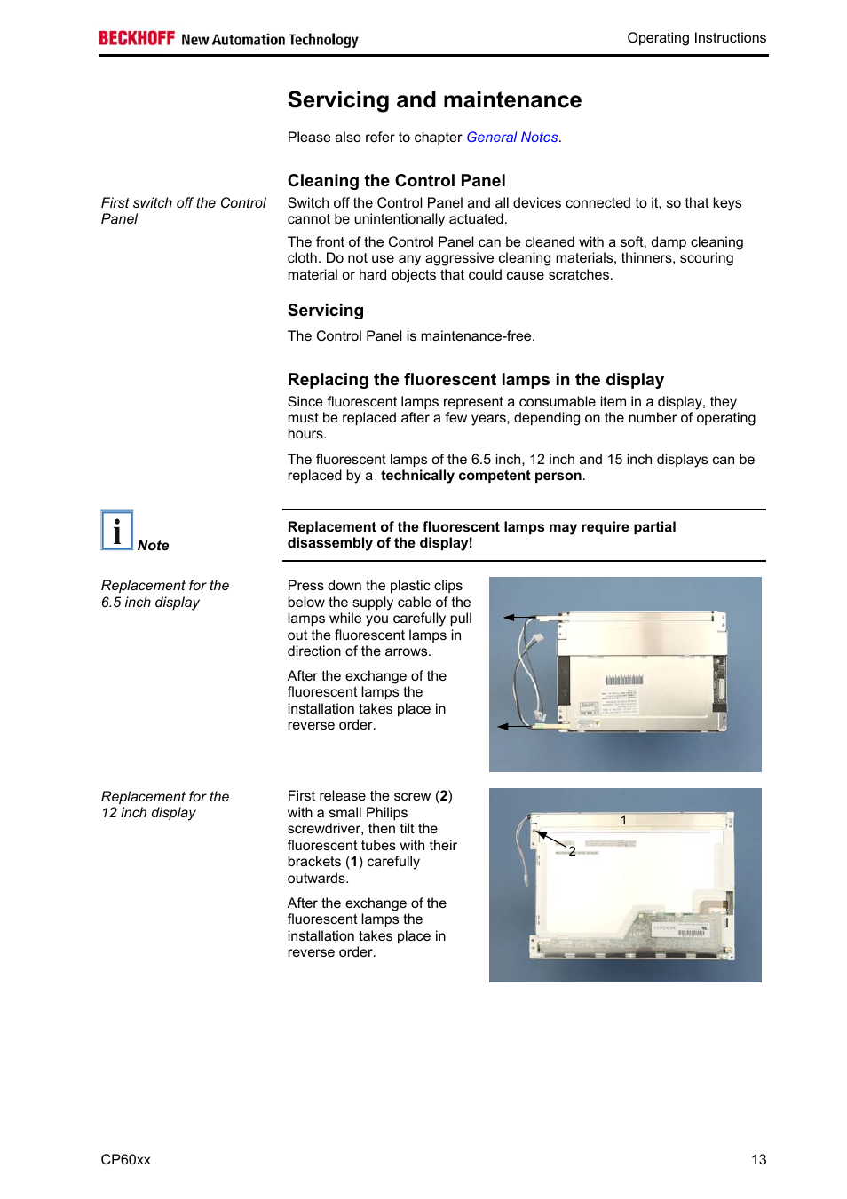 Servicing and maintenance, Cleaning the control panel, Servicing | Replacing the fluorescent lamps in the display | BECKHOFF CP60xx User Manual | Page 15 / 19