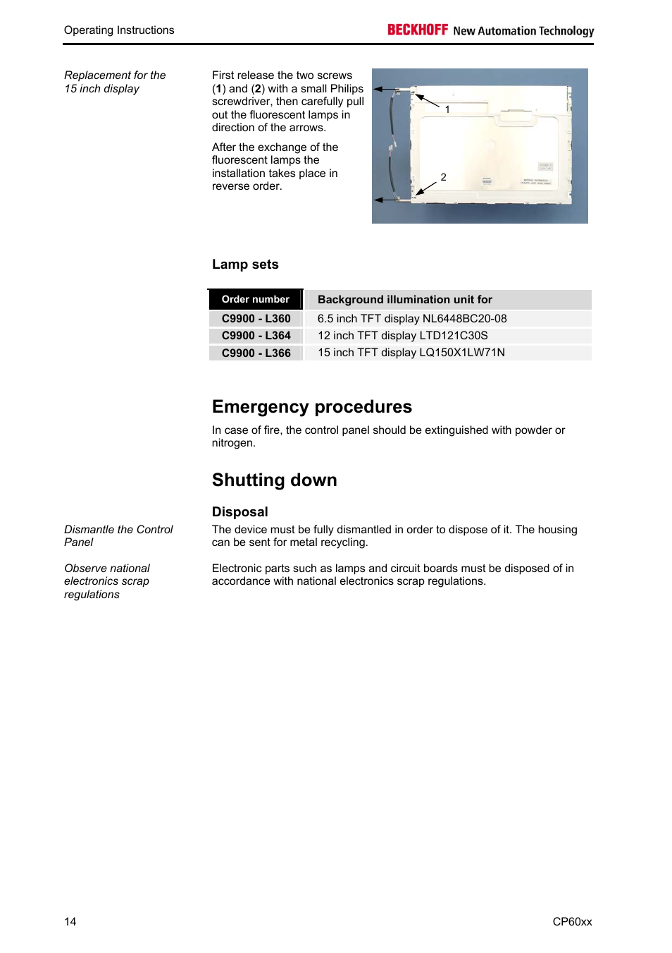 Lamp sets, Emergency procedures, Shutting down | Disposal | BECKHOFF CP60xx User Manual | Page 16 / 19