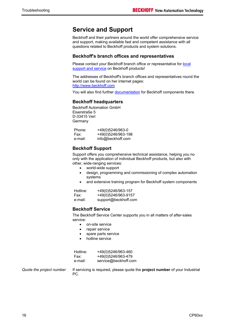 Service and support, Beckhoff's branch offices and representatives, Beckhoff headquarters | Beckhoff support, Beckhoff service | BECKHOFF CP60xx User Manual | Page 18 / 19
