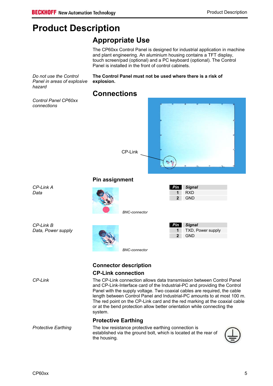 Product description, Appropriate use, Connections | Pin assignment, Signal, Connector description, Cp-link connection, Protective earthing, Connections 5, Sect | BECKHOFF CP60xx User Manual | Page 7 / 19