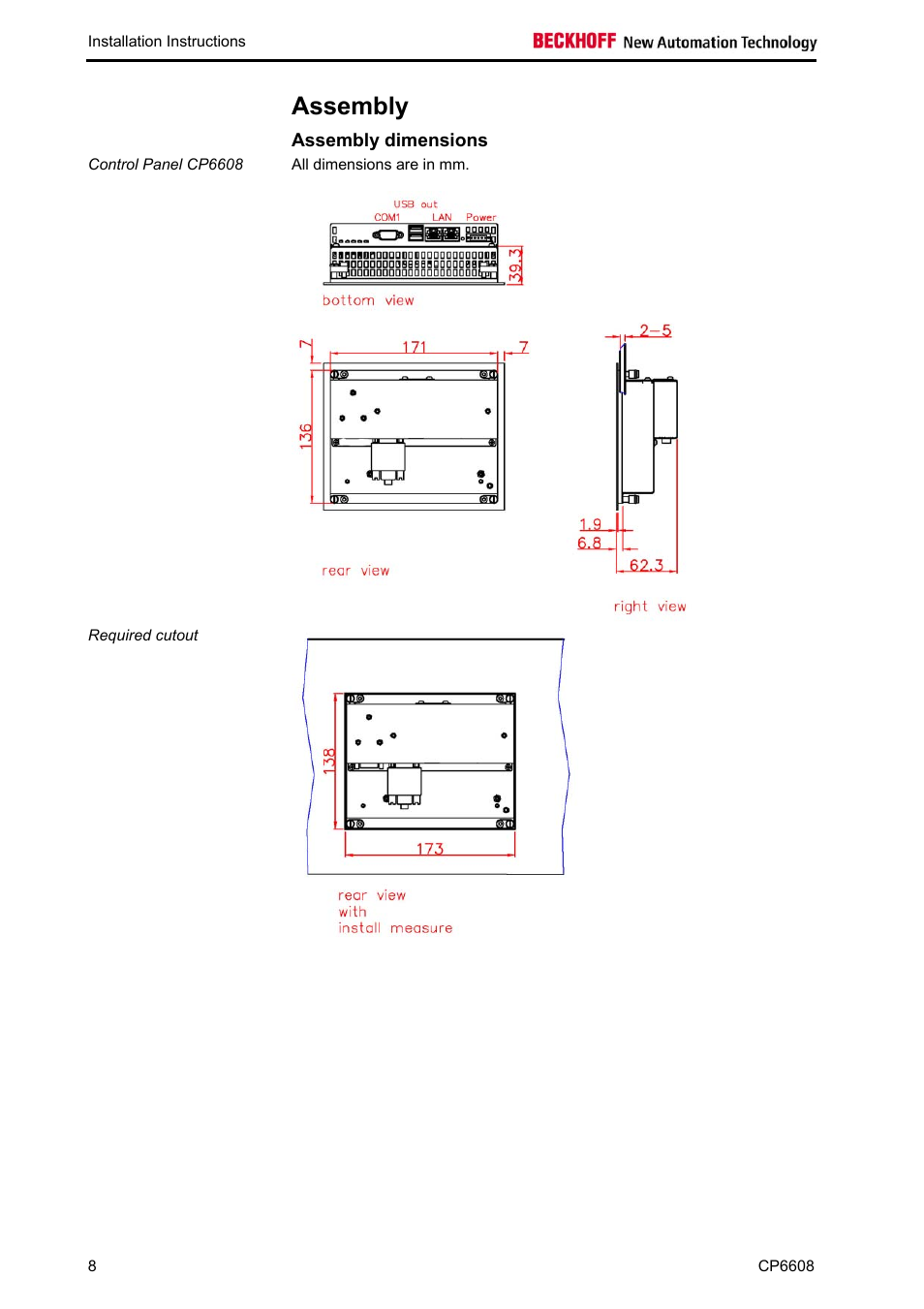 Assembly, Assembly dimensions, Assembly 8 | BECKHOFF CP6608 User Manual | Page 10 / 18