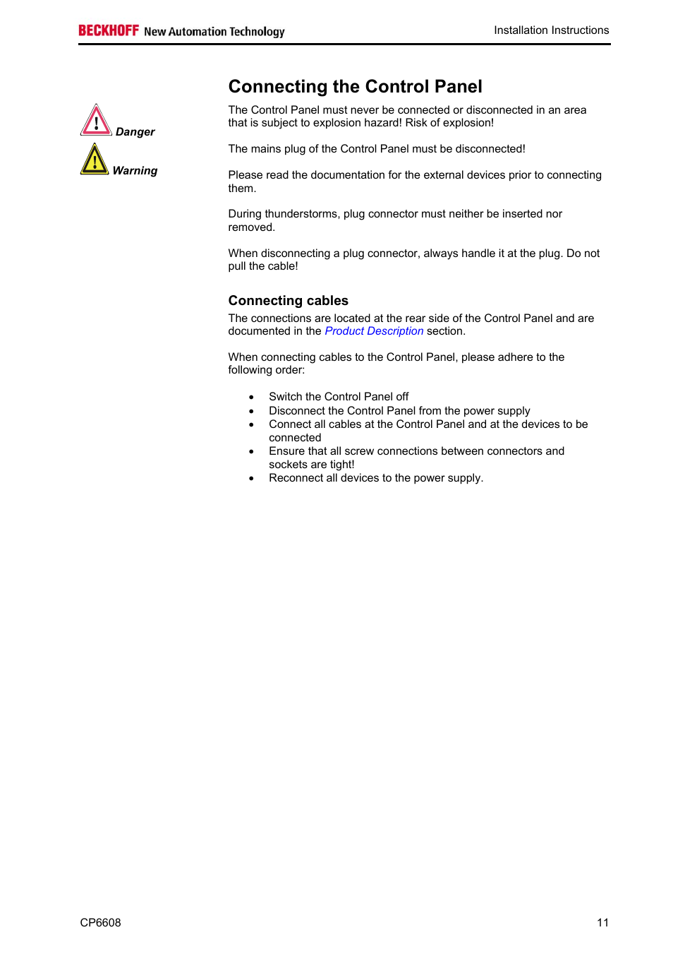 Connecting the control panel, Connecting cables | BECKHOFF CP6608 User Manual | Page 13 / 18