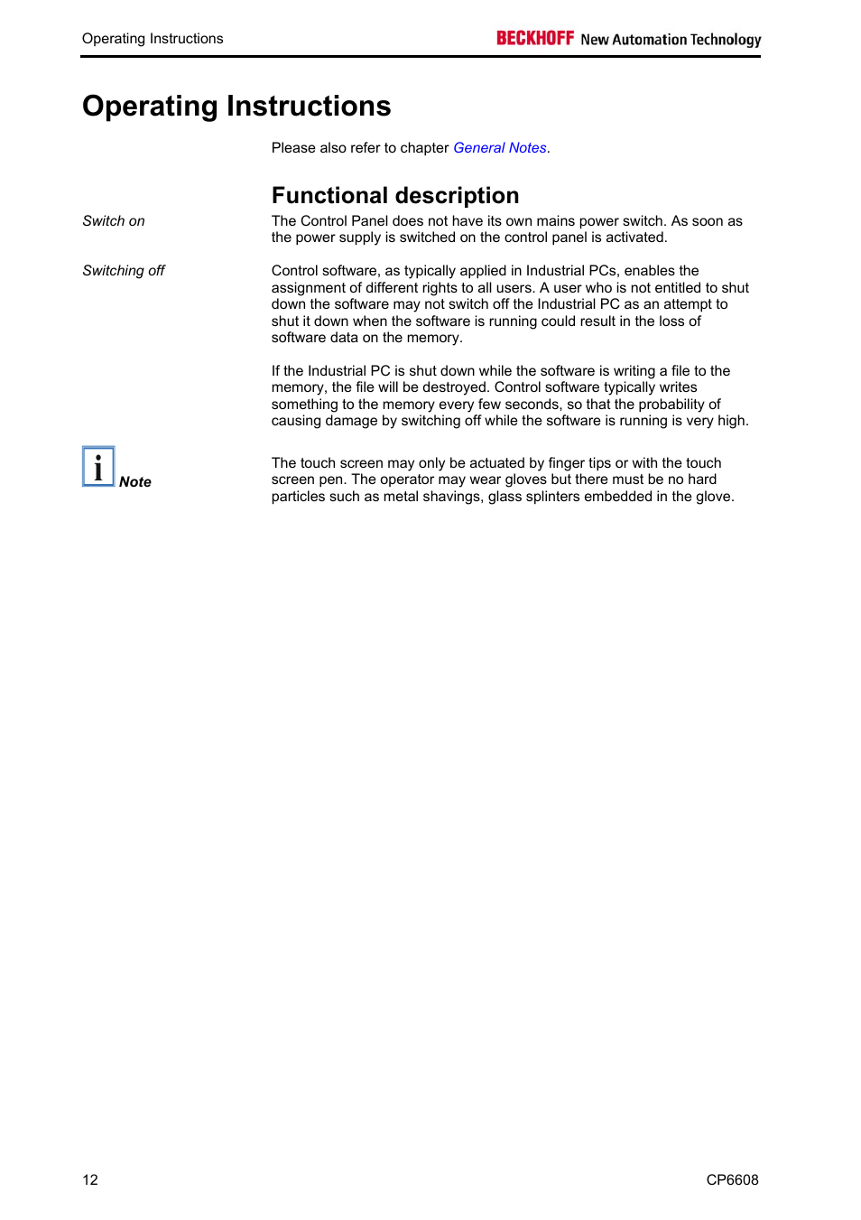 Operating instructions, Functional description | BECKHOFF CP6608 User Manual | Page 14 / 18
