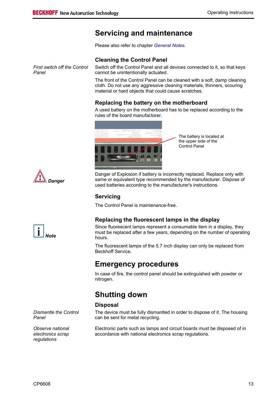 Servicing and maintenance, Cleaning the control panel, Replacing the battery on the motherboard | Servicing, Replacing the fluorescent lamps in the display, Emergency procedures, Shutting down, Disposal | BECKHOFF CP6608 User Manual | Page 15 / 18