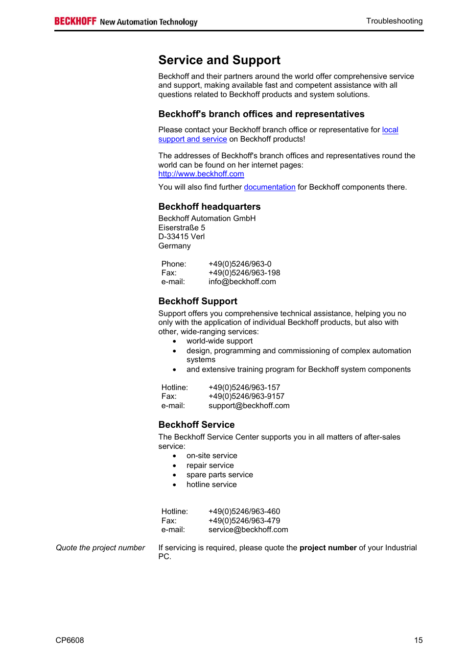 Service and support, Beckhoff's branch offices and representatives, Beckhoff headquarters | Beckhoff support, Beckhoff service | BECKHOFF CP6608 User Manual | Page 17 / 18