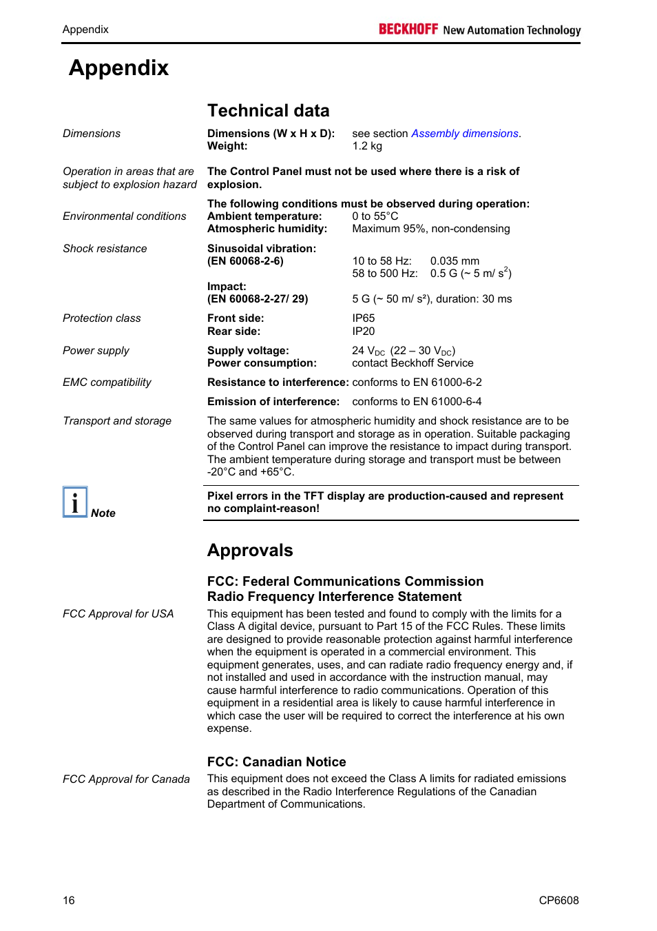 Appendix, Technical data, Approvals | Fcc: canadian notice, Appendix 16, Approvals 16, Must be observed (see chapter, Technical, Data | BECKHOFF CP6608 User Manual | Page 18 / 18