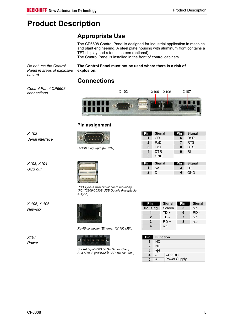 Product description, Appropriate use, Connections | Pin assignment, Signal, Connections 5, Sect | BECKHOFF CP6608 User Manual | Page 7 / 18