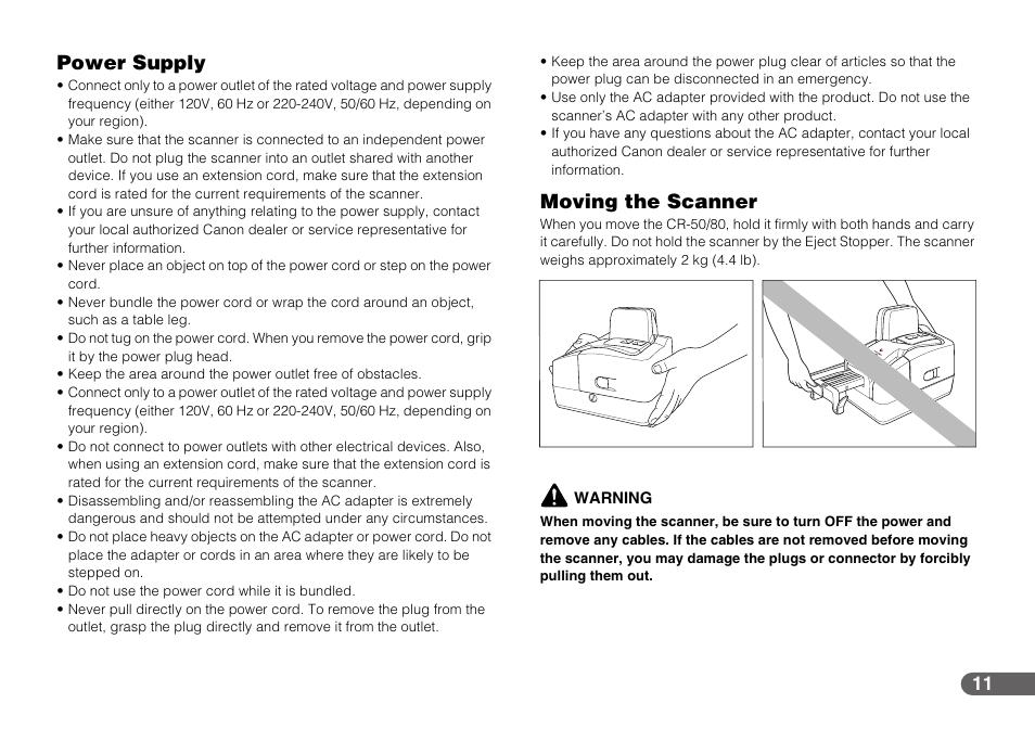 Power supply moving the scanner, Power supply, Moving the scanner | Canon CR-50 User Manual | Page 11 / 58