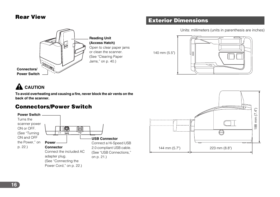 Exterior dimensions, Rear view connectors/power switch, Rear view | Connectors/power switch | Canon CR-50 User Manual | Page 16 / 58