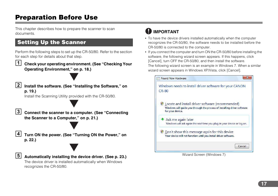 Preparation before use, Setting up the scanner | Canon CR-50 User Manual | Page 17 / 58