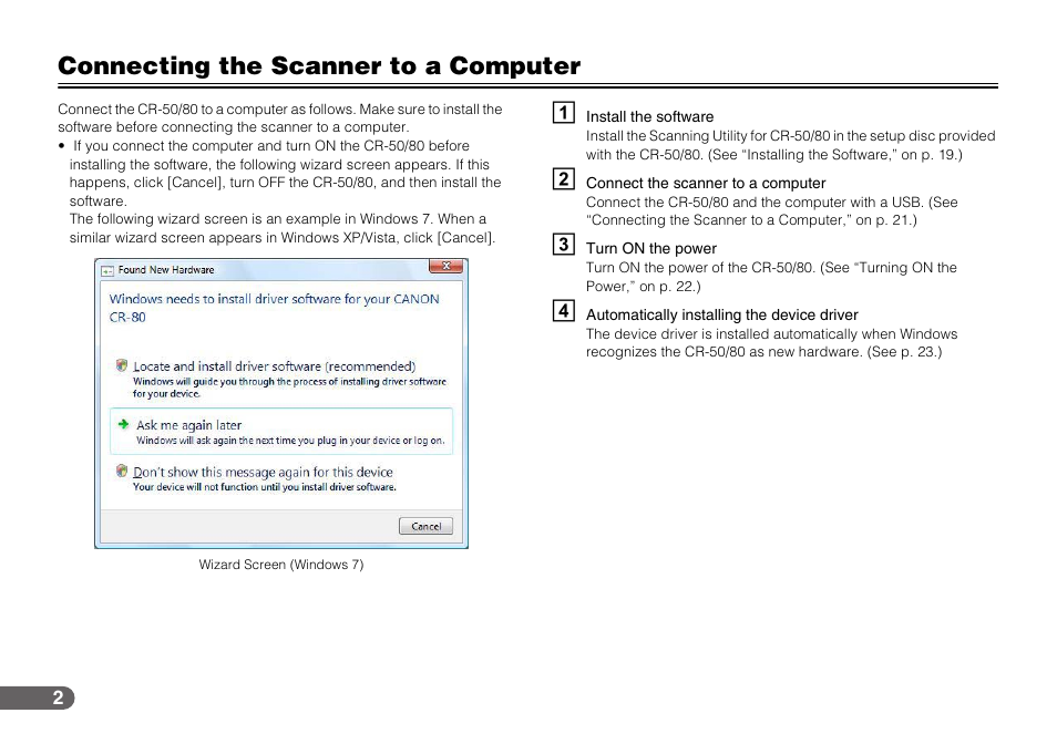 Connecting the scanner to a computer | Canon CR-50 User Manual | Page 2 / 58