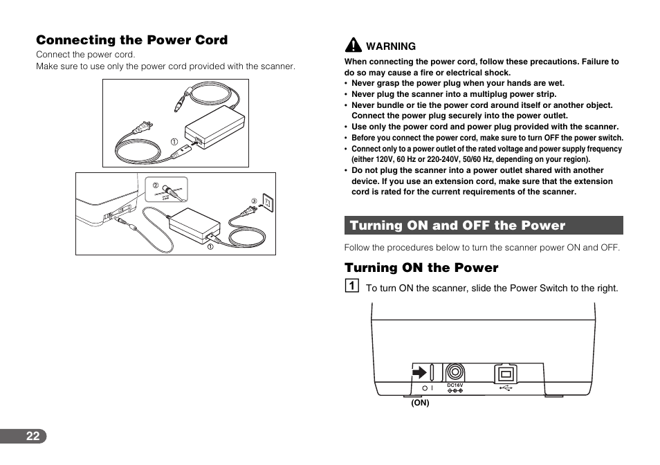 Turning on and off the power, See “turning on the power,” on p. 22, Connecting the power cord | Turning on the power, See “turning on the power,” on p. 22.), See “turning on and off the power,” on p. 22, See “connecting the power cord,” on p. 22.) | Canon CR-50 User Manual | Page 22 / 58