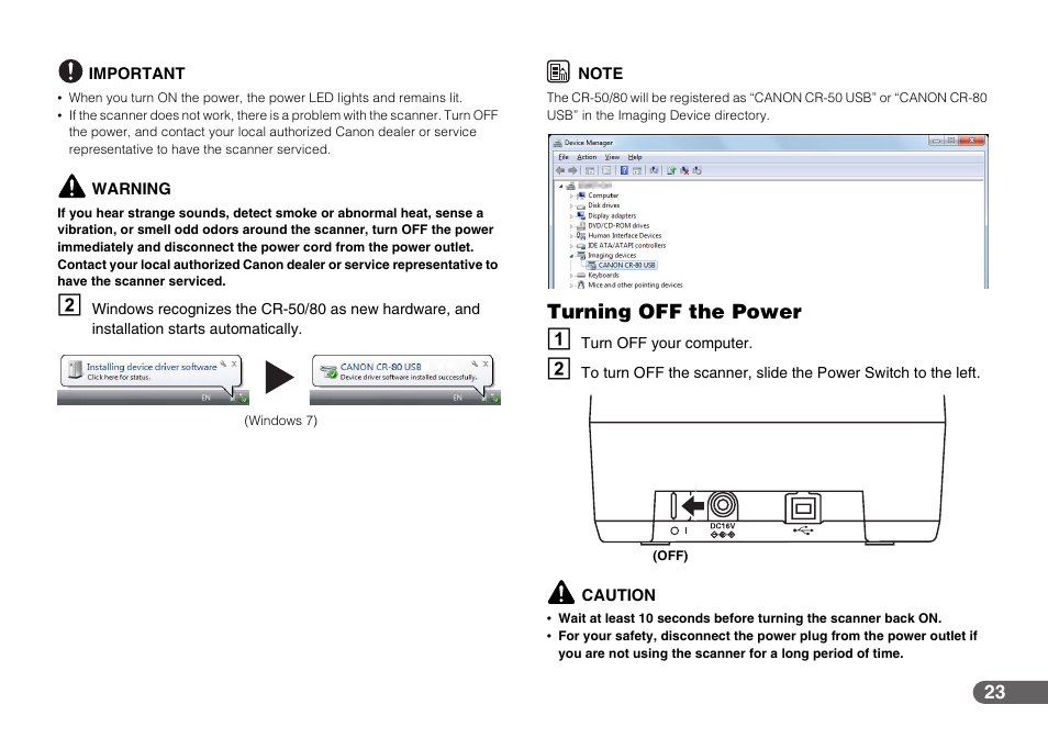 See p. 23.), Turning off the power | Canon CR-50 User Manual | Page 23 / 58