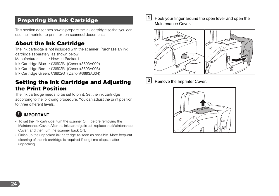 Preparing the ink cartridge, See “about the ink cartridge,” on p. 24, About the ink cartridge | Canon CR-50 User Manual | Page 24 / 58