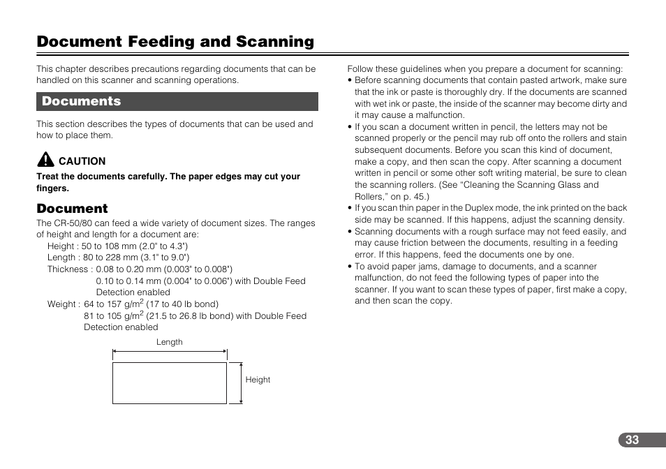 Document feeding and scanning, Documents, Document | Canon CR-50 User Manual | Page 33 / 58