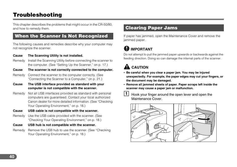 Troubleshooting, When the scanner is not recognized, Clearing paper jams | See “clearing paper jams,” on p. 40.) | Canon CR-50 User Manual | Page 40 / 58