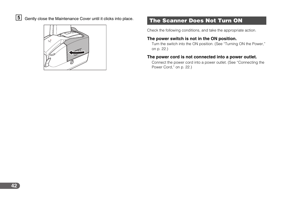 The scanner does not turn on | Canon CR-50 User Manual | Page 42 / 58