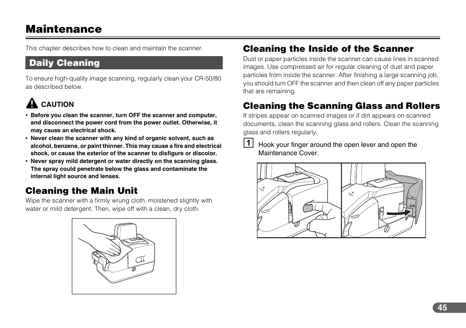 Maintenance, Daily cleaning, Cleaning the inside of the scanner,” on p. 45 | Cleaning the main unit, Cleaning the inside of the scanner, Cleaning the scanning glass and rollers | Canon CR-50 User Manual | Page 45 / 58